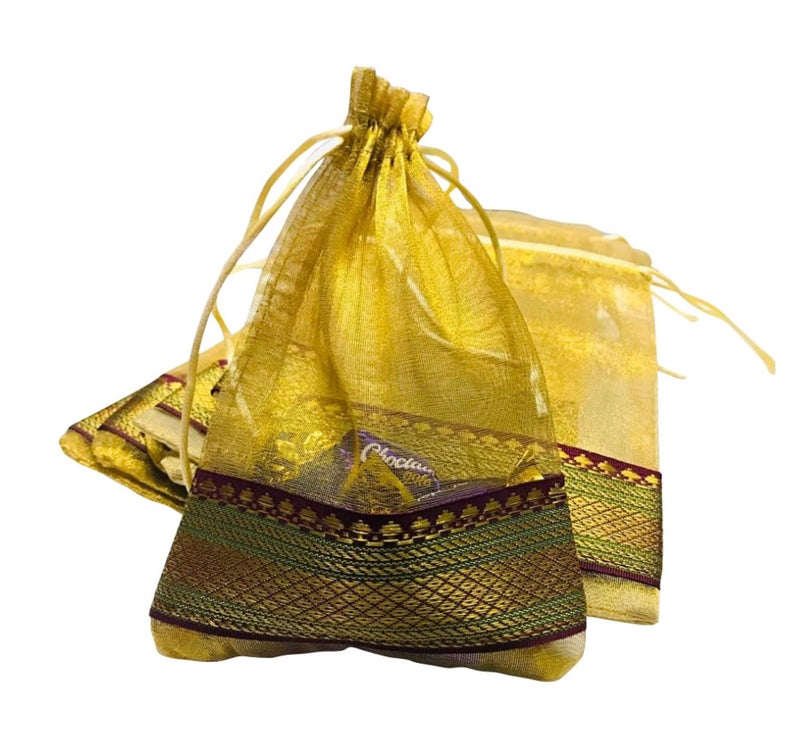 Moira Women's Small Potli Gift Bags Silk Brocade (18 cm X 12 cm) Pack of 20 (Golden & Dark Maroon) - Image 3