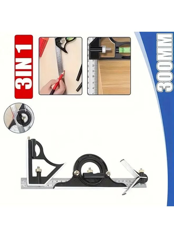 Black 3 in 1 Adjustable Square Measuring Tool with Bubble Level 300mm 45 90 Degree Angles - Image 2