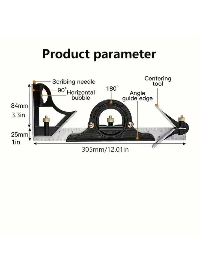 Black 3 in 1 Adjustable Square Measuring Tool with Bubble Level 300mm 45 90 Degree Angles - Image 3