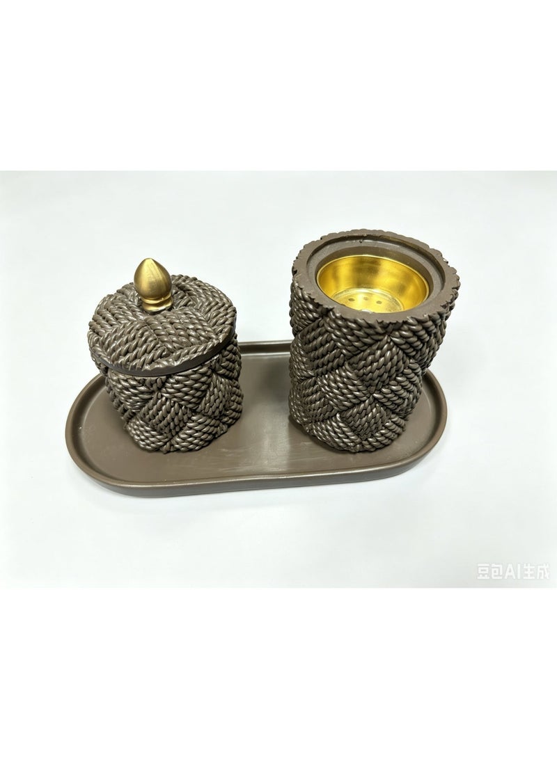 Luxury Woven Textured Bakhoor Burner and Oud Storage Set with Tray - Premium Arabian Home Decor & Ramadan Gift Set (Brown & Gold) - Image 4
