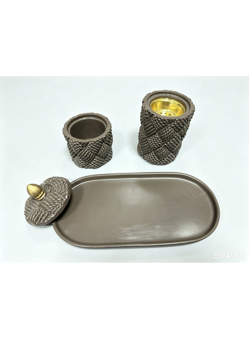 Luxury Woven Textured Bakhoor Burner and Oud Storage Set with Tray - Premium Arabian Home Decor & Ramadan Gift Set (Brown & Gold) - Image 3