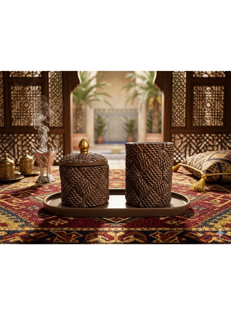 Luxury Woven Textured Bakhoor Burner and Oud Storage Set with Tray - Premium Arabian Home Decor & Ramadan Gift Set (Brown & Gold) - Image 1