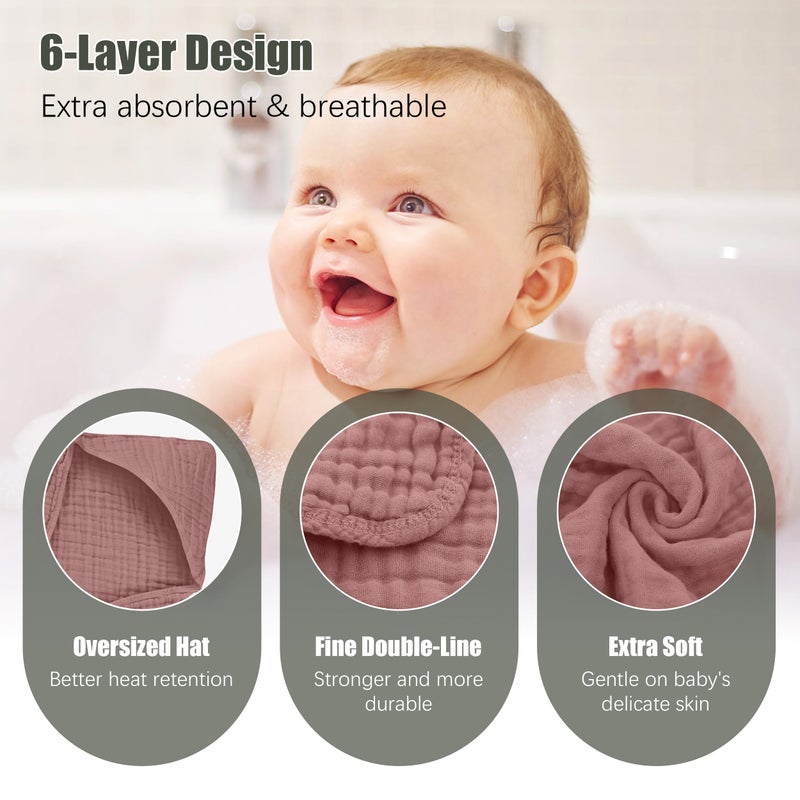 Spotted Play 2 Pack Hooded Baby Towels - 100% Muslin Cotton for Newborns, Infants, Toddlers - Large 32x32 Inch Size - Highly Absorbent and Essential for Newborn Care, Deep Bean Paste - Image 5