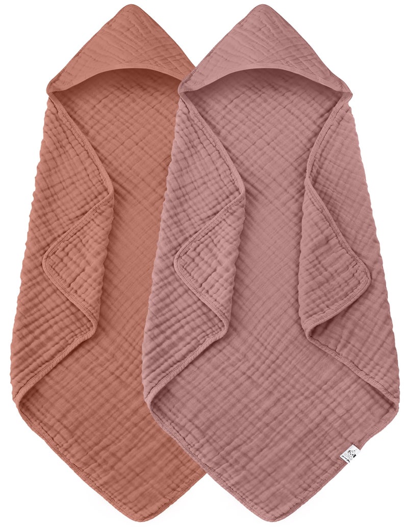 Spotted Play 2 Pack Hooded Baby Towels - 100% Muslin Cotton for Newborns, Infants, Toddlers - Large 32x32 Inch Size - Highly Absorbent and Essential for Newborn Care, Deep Bean Paste - Image 1