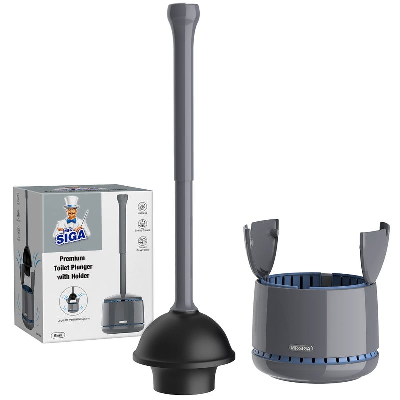 Mr Siga MR.SIGA Toilet Plunger with Holder, Heavy Duty Plunger with Sturdy Handle for Toilet Cleaning, Gray - Image 1