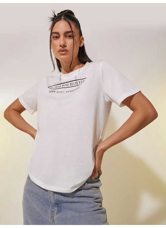 تايك تو Take Two Slogan Print Round Neck T-Shirt