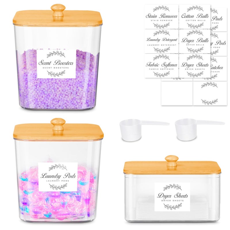 efluky 3 Pack Laundry Pods Container & Dryer Sheet Holder Set,Clear Laundry Room Organization Containers with Bamboo Lids and Labels,Laundry Pods Holder for Scent Booster,Powder,Pod - Image 1