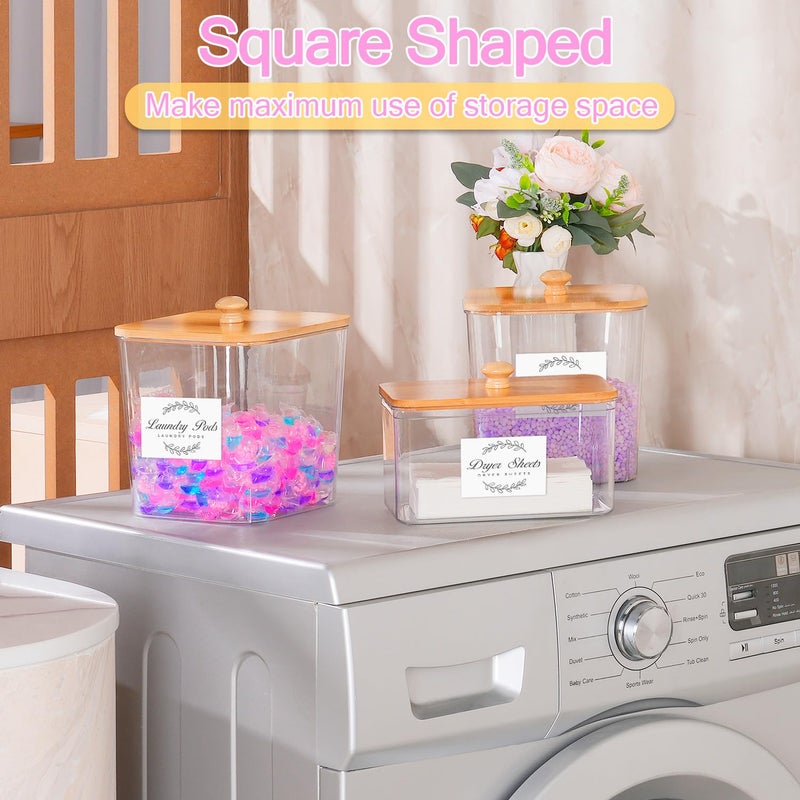 efluky 3 Pack Laundry Pods Container & Dryer Sheet Holder Set,Clear Laundry Room Organization Containers with Bamboo Lids and Labels,Laundry Pods Holder for Scent Booster,Powder,Pod - Image 4