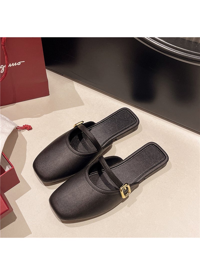 Generic - 2024 Spring Summer New Style French Soft Head Half Slippers Outer Wear Comfortable Versatile Low Heel Shallow Mouth Single Shoes black - Image 1