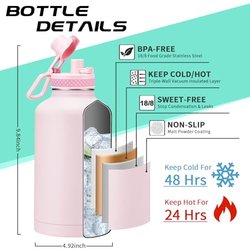 DIGJUPER Half Gallon Water-Bottle with Straw - Pop-up Chug Lid (Cold 48H & Hot 24H) 64oz Insulated Water Bottle Flask with Sleeve Strap, Paracord Handle, Bottle Boot, Pink Stainless Steel Metal Water Jug - Image 3