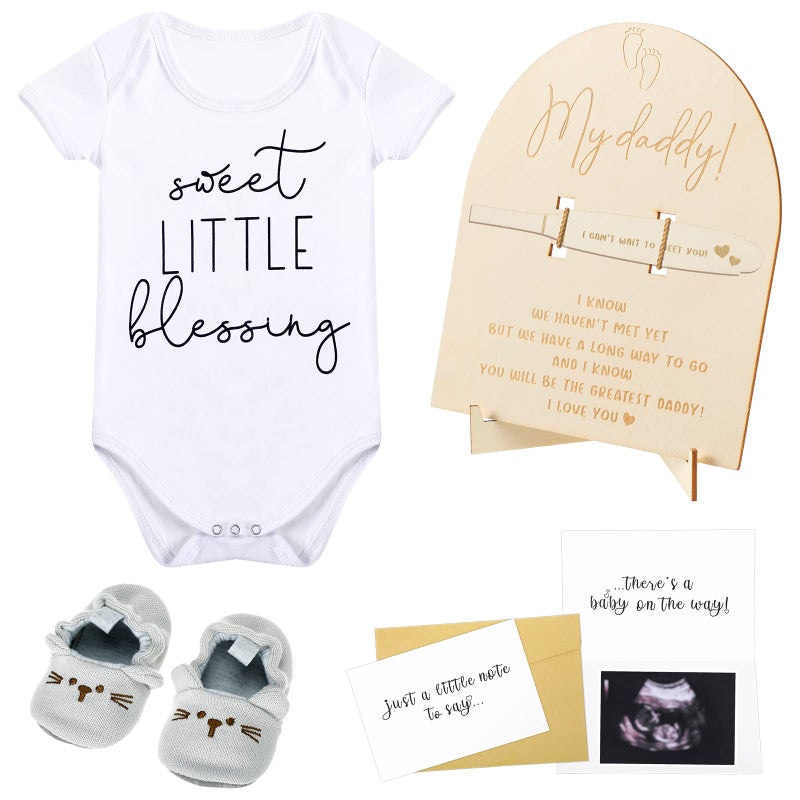 Berlune Berlune Surprise Pregnancy Announcement for Dad Positive Pregnancy Test Baby Bodysuit Pregnancy Test Keepsake Wooden Sign Baby Shoes Pregnancy Reveal Card Envelope Baby Announcement Gifts for Husband