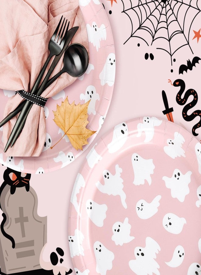Whaline صحون ورقية هالوين من واهلين 40 قطعة، صحون وردية على شكل شبح، صحون قابلة للتصرف 9 إنش، صحون دائرية كرتونية لطيفة لتزيين حفلات هالوين وسمر وين وأعياد الميلاد وحفلات استقبال المواليد. - Image 5