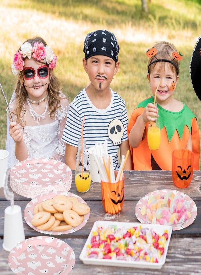 Whaline صحون ورقية هالوين من واهلين 40 قطعة، صحون وردية على شكل شبح، صحون قابلة للتصرف 9 إنش، صحون دائرية كرتونية لطيفة لتزيين حفلات هالوين وسمر وين وأعياد الميلاد وحفلات استقبال المواليد. - Image 4