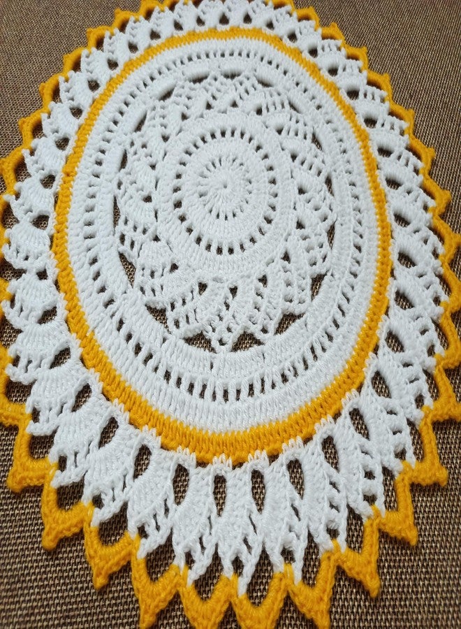 RITIKA CRAFT مفرش طاولة/حصيرة طعام/بساط طاولة مصنوع يدويًا من الكروشيه الصوفي من ريتيكا كرافت®، أبيض وأصفر (15 بوصة)... - Image 5