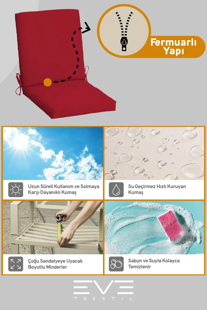 ايفي تكستل Garden - Living Room - Balcony Backrest Zippered Connectable Washable Chair Cushion 4 Pieces