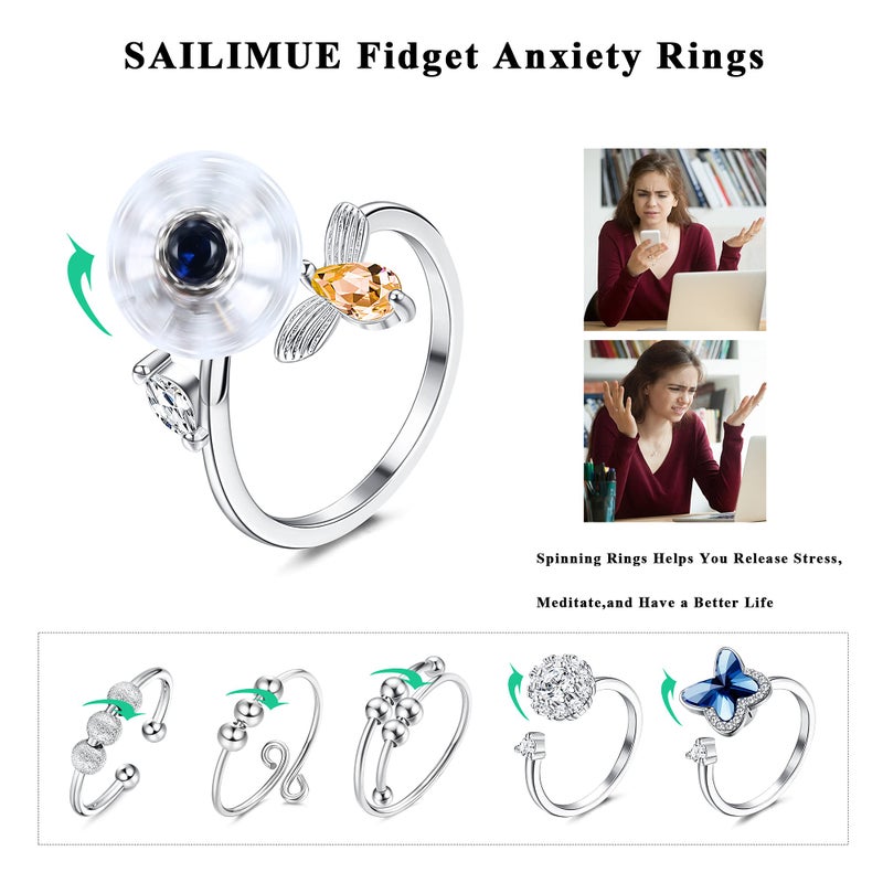 SAILIMUE 6 Pcs Fidget Anxiety Rings for Women Adjustable Open Ring Set Spinner Fidget Rings for Anxiety Cubic Zirconia Flower Butterfly Bead Stress Relief Stackable Rings - Image 2