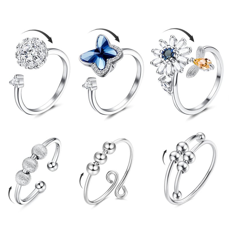 SAILIMUE 6 Pcs Fidget Anxiety Rings for Women Adjustable Open Ring Set Spinner Fidget Rings for Anxiety Cubic Zirconia Flower Butterfly Bead Stress Relief Stackable Rings - Image 1