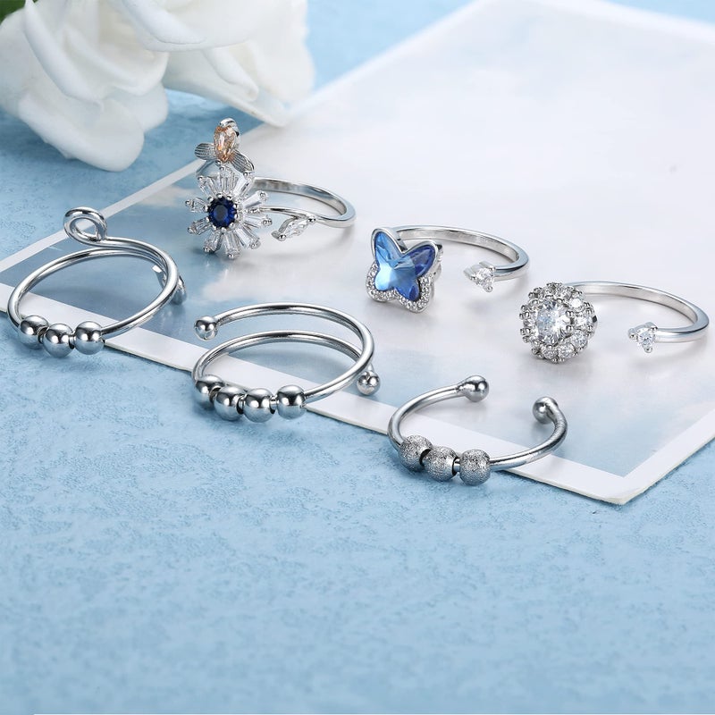 SAILIMUE 6 Pcs Fidget Anxiety Rings for Women Adjustable Open Ring Set Spinner Fidget Rings for Anxiety Cubic Zirconia Flower Butterfly Bead Stress Relief Stackable Rings - Image 3
