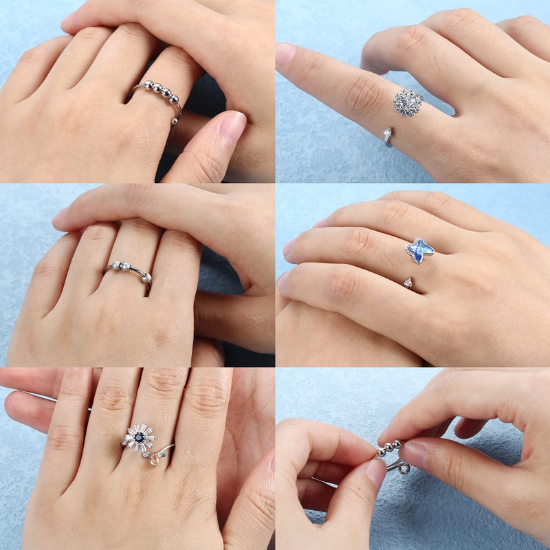 SAILIMUE 6 Pcs Fidget Anxiety Rings for Women Adjustable Open Ring Set Spinner Fidget Rings for Anxiety Cubic Zirconia Flower Butterfly Bead Stress Relief Stackable Rings - Image 5
