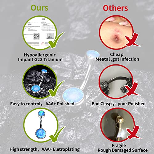 VOJO G23 Titanium Belly Button Rings Cubic Zircon Opal Hypoallergenic Threaded 14G Diamond Navel Body Piercing Jewelry Birthstone for Women (14G 5mm+8mm, Blue Opal) - Image 4