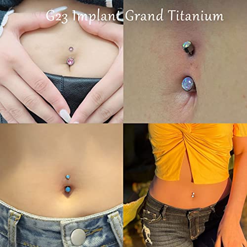 VOJO G23 Titanium Belly Button Rings Cubic Zircon Opal Hypoallergenic Threaded 14G Diamond Navel Body Piercing Jewelry Birthstone for Women (14G 5mm+8mm, Blue Opal) - Image 2