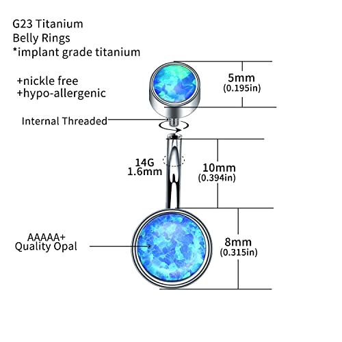 VOJO G23 Titanium Belly Button Rings Cubic Zircon Opal Hypoallergenic Threaded 14G Diamond Navel Body Piercing Jewelry Birthstone for Women (14G 5mm+8mm, Blue Opal) - Image 3