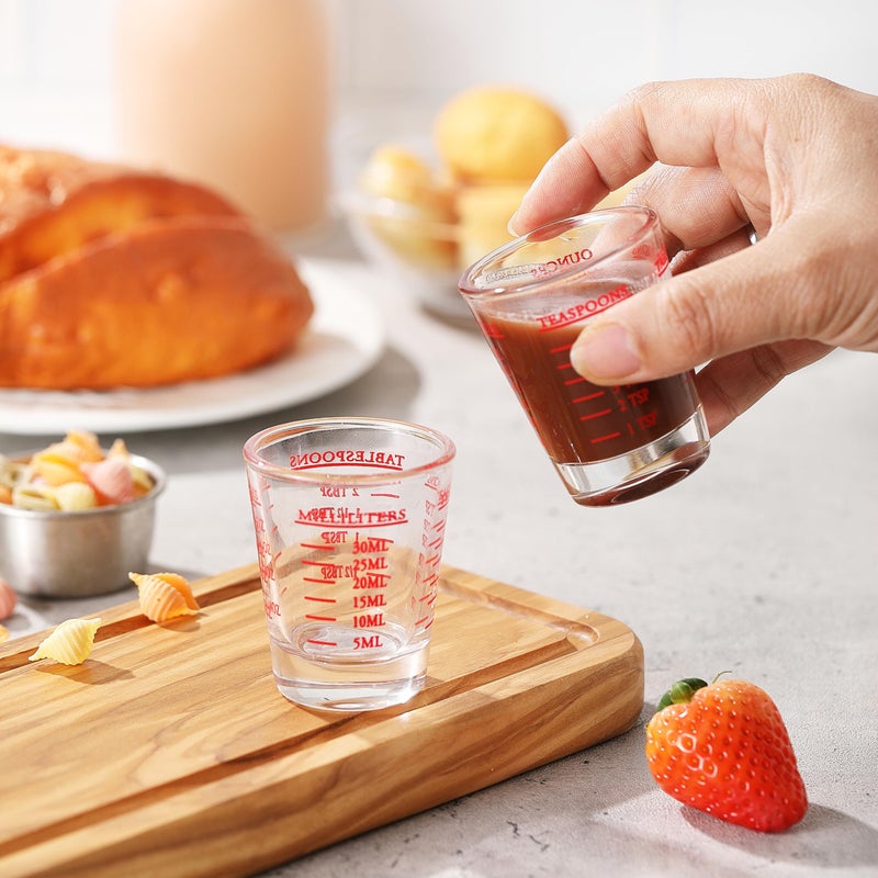 COKUMA Shot Glass Measuring Cup, 2PCS Measuring Shot Glasses, Thick Base Liquid Measuring Cup for Espresso Shot Glass and Measuring Glasses, Four Different Units of Measure(1 OZ, 2 TBS, 6 TSP, 30 ML) - Image 5