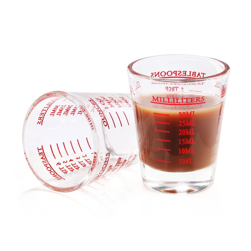 COKUMA Shot Glass Measuring Cup, 2PCS Measuring Shot Glasses, Thick Base Liquid Measuring Cup for Espresso Shot Glass and Measuring Glasses, Four Different Units of Measure(1 OZ, 2 TBS, 6 TSP, 30 ML) - Image 1