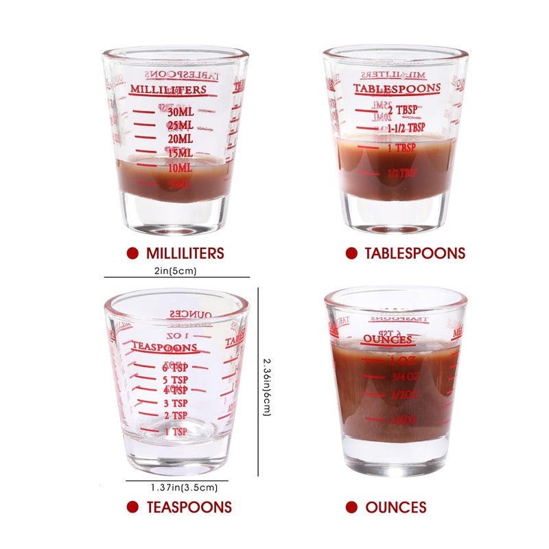 COKUMA Shot Glass Measuring Cup, 2PCS Measuring Shot Glasses, Thick Base Liquid Measuring Cup for Espresso Shot Glass and Measuring Glasses, Four Different Units of Measure(1 OZ, 2 TBS, 6 TSP, 30 ML) - Image 2