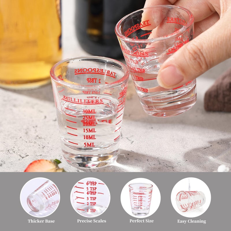 COKUMA Shot Glass Measuring Cup, 2PCS Measuring Shot Glasses, Thick Base Liquid Measuring Cup for Espresso Shot Glass and Measuring Glasses, Four Different Units of Measure(1 OZ, 2 TBS, 6 TSP, 30 ML) - Image 3