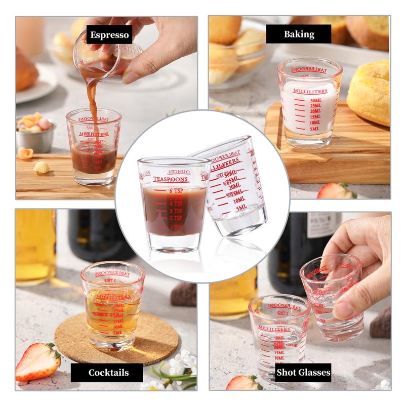 COKUMA Shot Glass Measuring Cup, 2PCS Measuring Shot Glasses, Thick Base Liquid Measuring Cup for Espresso Shot Glass and Measuring Glasses, Four Different Units of Measure(1 OZ, 2 TBS, 6 TSP, 30 ML) - Image 4