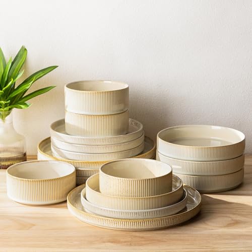 TheTerra Ceramic Dinnerware Sets with Pasta Bowls for 4, 16 Pieces Porcelain Lightweight Speckled Plates and Bowls Sets, Scratch Resistant Dish Set, Oven & Microwave & Dishwasher Safe, Cappuccino - Image 1