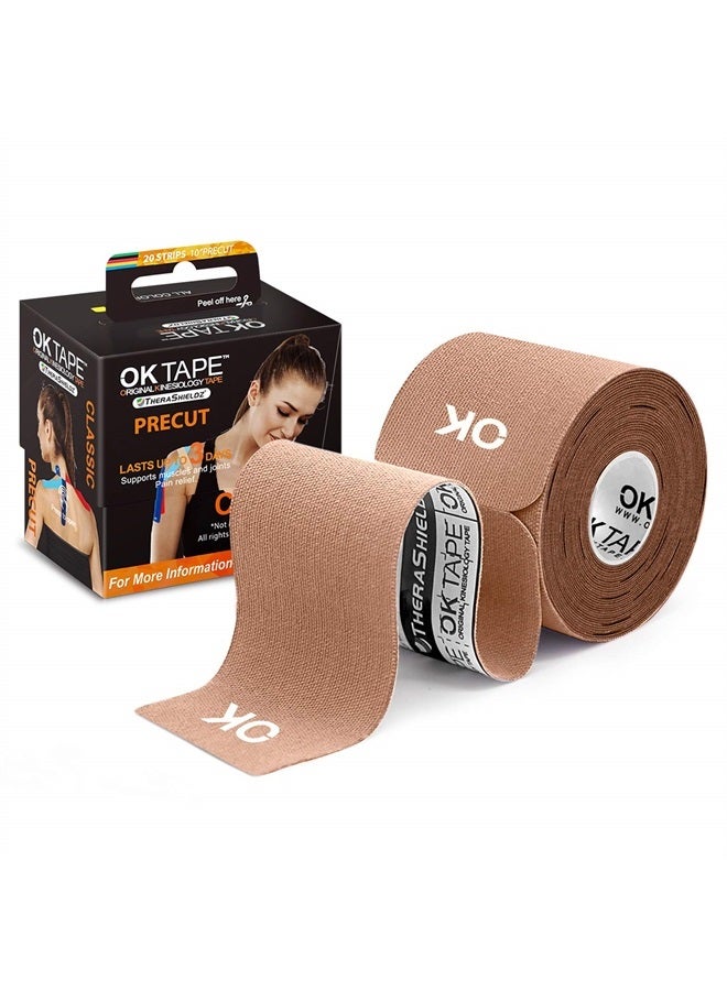 OK TAPE Kinesiology Tape 10 inches Precut, 20 Strips, Cotton Elastic Athletic Tape Latex Free, 2inch x 16ft, Beige - Image 1