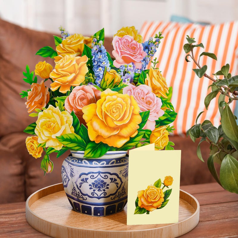 Airpark Pop Up Flower Card, 3D Paper Flowers Bouquet, Birthday, Thank You, Get Well Greeting Cards with Note Card & Envelope, Yellow Rose - Image 3