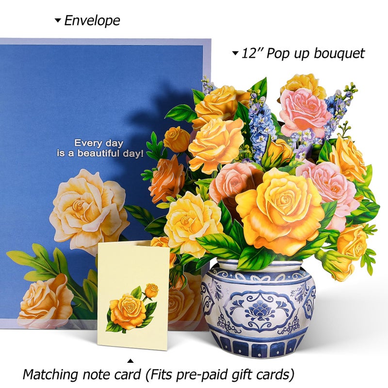 Airpark Pop Up Flower Card, 3D Paper Flowers Bouquet, Birthday, Thank You, Get Well Greeting Cards with Note Card & Envelope, Yellow Rose - Image 2