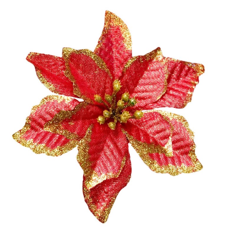 KEPATO Christmas Glitter Poinsettia Christmas Tree Ornaments Pack of 12 (Burgundy) - Image 1