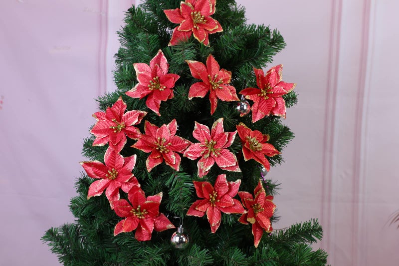 KEPATO Christmas Glitter Poinsettia Christmas Tree Ornaments Pack of 12 (Burgundy) - Image 2