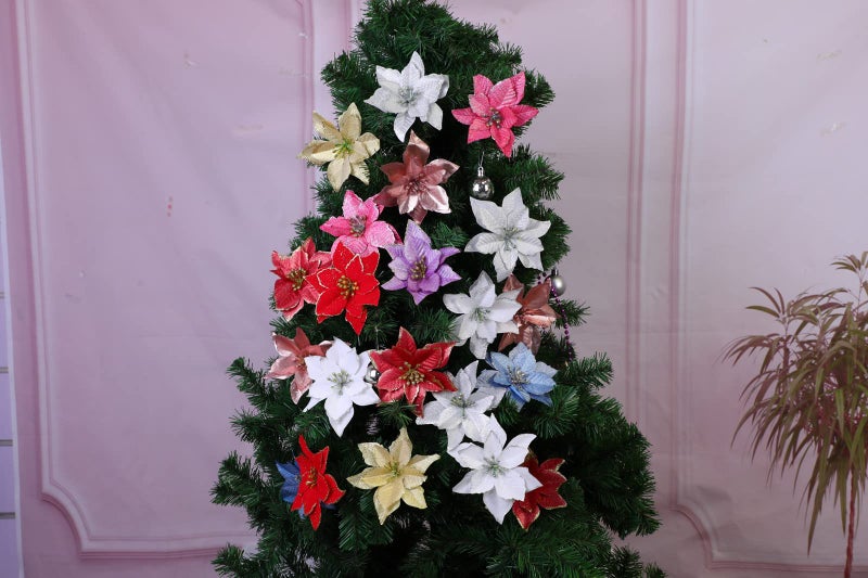 KEPATO Christmas Glitter Poinsettia Christmas Tree Ornaments Pack of 12 (Burgundy) - Image 4