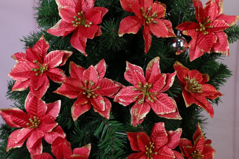 KEPATO Christmas Glitter Poinsettia Christmas Tree Ornaments Pack of 12 (Burgundy) - Image 3