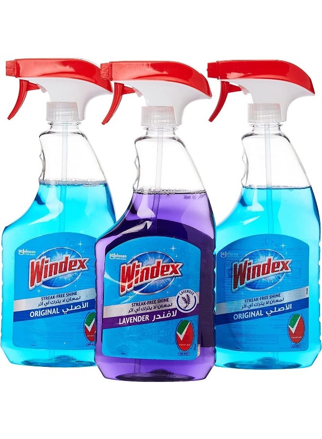 Windex Window & Glass Cleaner 2 x Original & 1 x Lavender, Streak Free Shine, Works On Smudges & Fingerprints, 3 x 750ml - Image 1