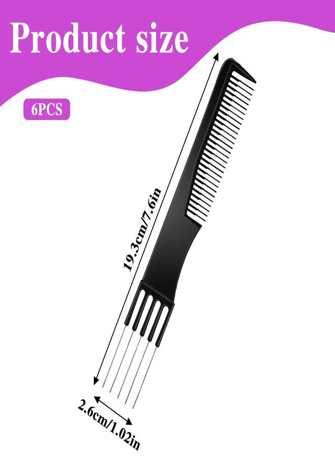 WJIAAA 6 Packs Teasing Comb with Metal Pick, Double-Head Black Hair Pick Comb for Women, Parting Tool for Salon Styling Thick Thin Hair - Image 2