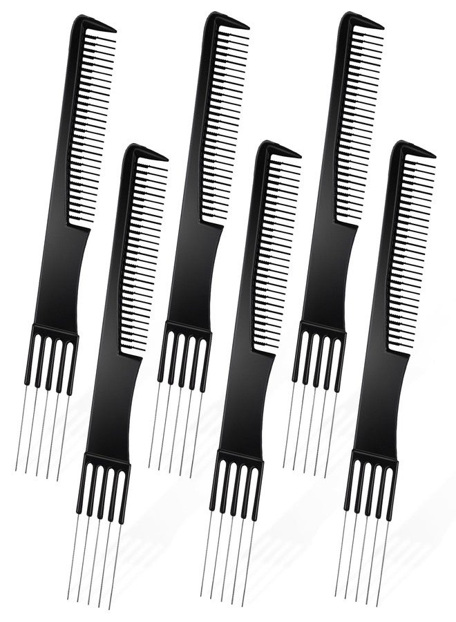 WJIAAA 6 Packs Teasing Comb with Metal Pick, Double-Head Black Hair Pick Comb for Women, Parting Tool for Salon Styling Thick Thin Hair - Image 1