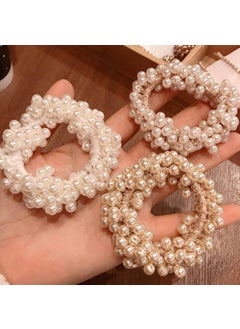 Brinie Pearl Hair Ties Champagne Elastic Scrunchies Stretchy Bands Bead Ropes Hair Accessories for Women and Girls Pack of 3 set1