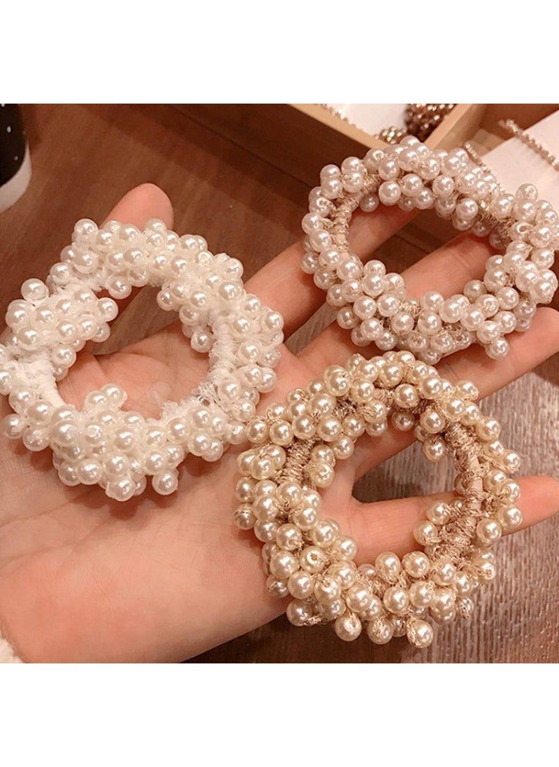 Brinie - Brinie Pearl Hair Ties Champagne Elastic Scrunchies Stretchy Bands Bead Ropes Hair Accessories for Women and Girls Pack of 3 set1 - Image 1