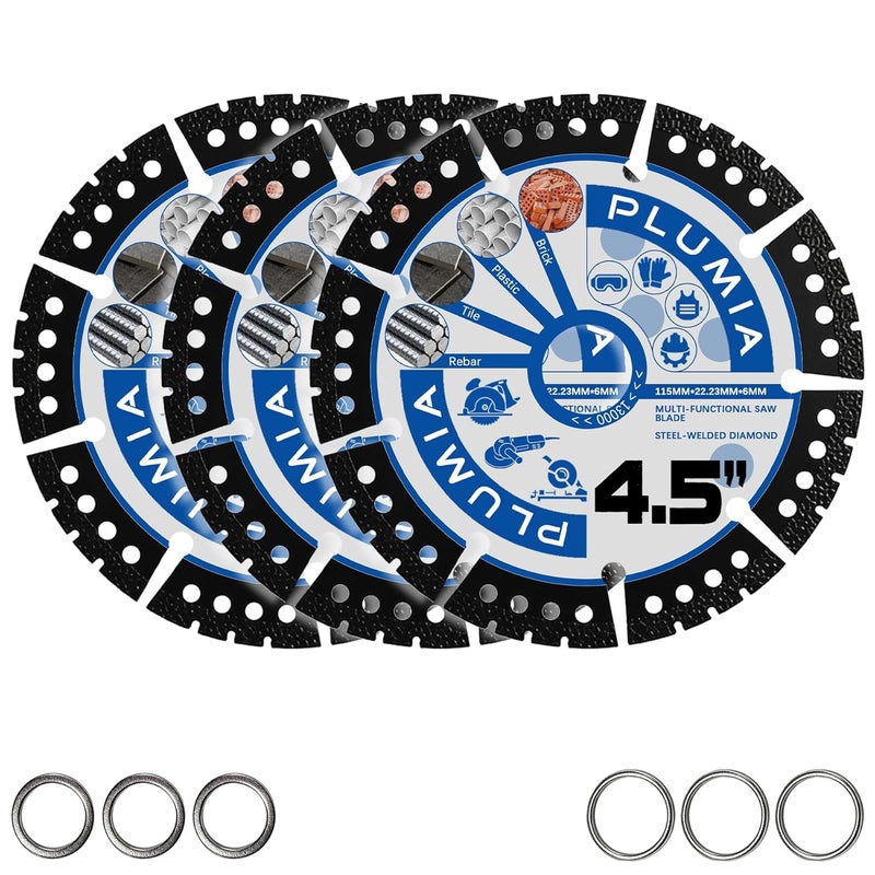 PLUMIA 4.5" Diamond Blade 3 Pack, Dual Bushing Ring 7/8" & 4/5" Arbor Tile Cutter Diamond Saw Blades, Heavy Duty Angle Grinder Disc for Marble, Granite, Quartz, Porcelain, Ceramic, Stone - Image 1