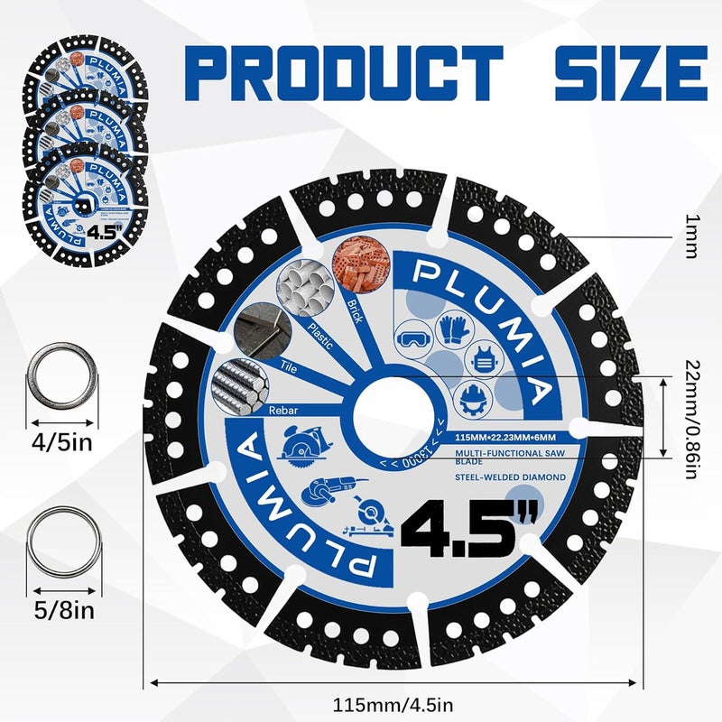 PLUMIA 4.5" Diamond Blade 3 Pack, Dual Bushing Ring 7/8" & 4/5" Arbor Tile Cutter Diamond Saw Blades, Heavy Duty Angle Grinder Disc for Marble, Granite, Quartz, Porcelain, Ceramic, Stone - Image 2