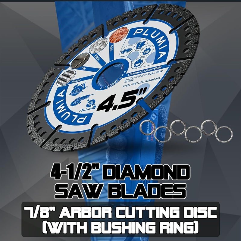 PLUMIA 4.5" Diamond Blade 3 Pack, Dual Bushing Ring 7/8" & 4/5" Arbor Tile Cutter Diamond Saw Blades, Heavy Duty Angle Grinder Disc for Marble, Granite, Quartz, Porcelain, Ceramic, Stone - Image 5