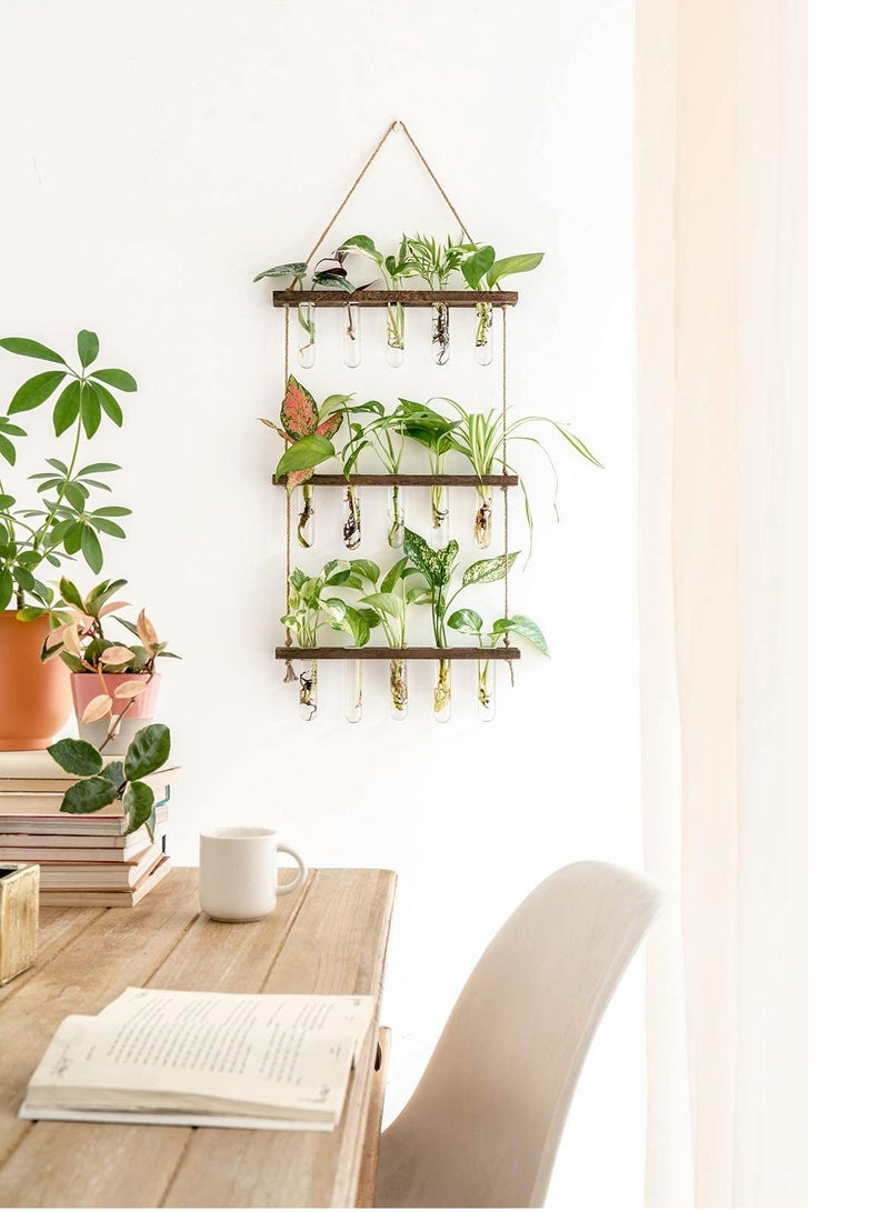 SOLARAE Wall Hanging Planter Terrarium with Wooden Stand, 3 Tiered Mini Test Tube Flower Vases Retro Hanging Glass Planter Propagator for Hydroponic Plants Cutting Home Office Garden Decor-15 Test Tubes - Image 3
