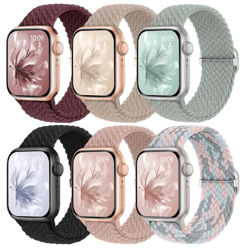 Knossen 6 Pack Braided Stretchy Bands Compatible with Apple Watch Band 38mm 40mm 41mm 42mm 44mm 45mm 46mm 49mm Women Men Adjustable Nylon Solo Loop Elastic Straps for iWatch Series 11 10 9 8 7 6 5 4 SE Ultra - Image 1