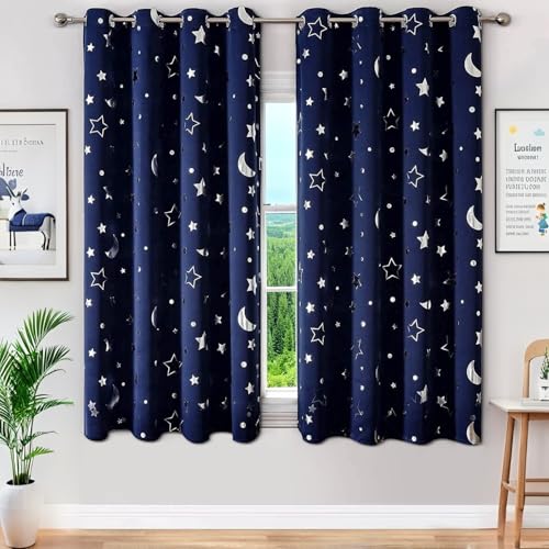 WUBODTI WUBODTI Boys Curtains Navy Blue 100 Blackout Star Curtains Cute Space Themed Thermal Insulated Room Darkening Blackout Short Drapes for Kids Room Nursery Boys BedroomW52 x L63 2 Panels 